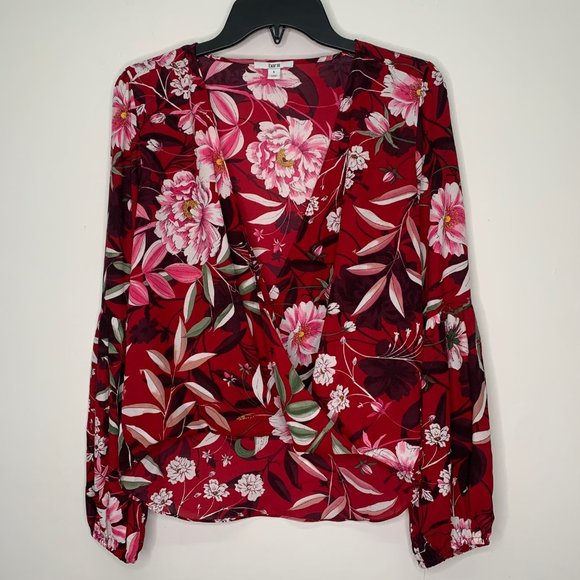 Bar III Women's Top S Faux-Wrap Long Sleeve V Neck Blouse Red Floral S - Picture 2 of 10